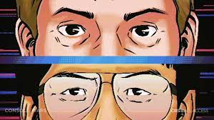 cartoon image of the partial face of Japan and American men